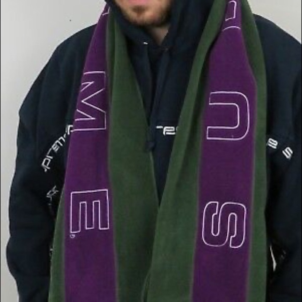 Supreme olive and purple polartec scarf.